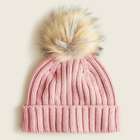NWT J Crew Ribbed Beanie with Faux Fur Pom - Heather Peony Pink - Picture 1 of 4